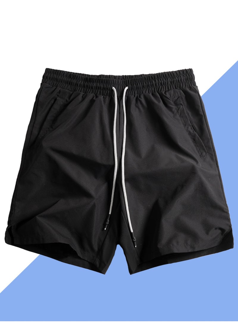 Men's Solid Black Casual Shorts Athletic Activewear with Secure Zip Pocket & Drawstring - Image 1